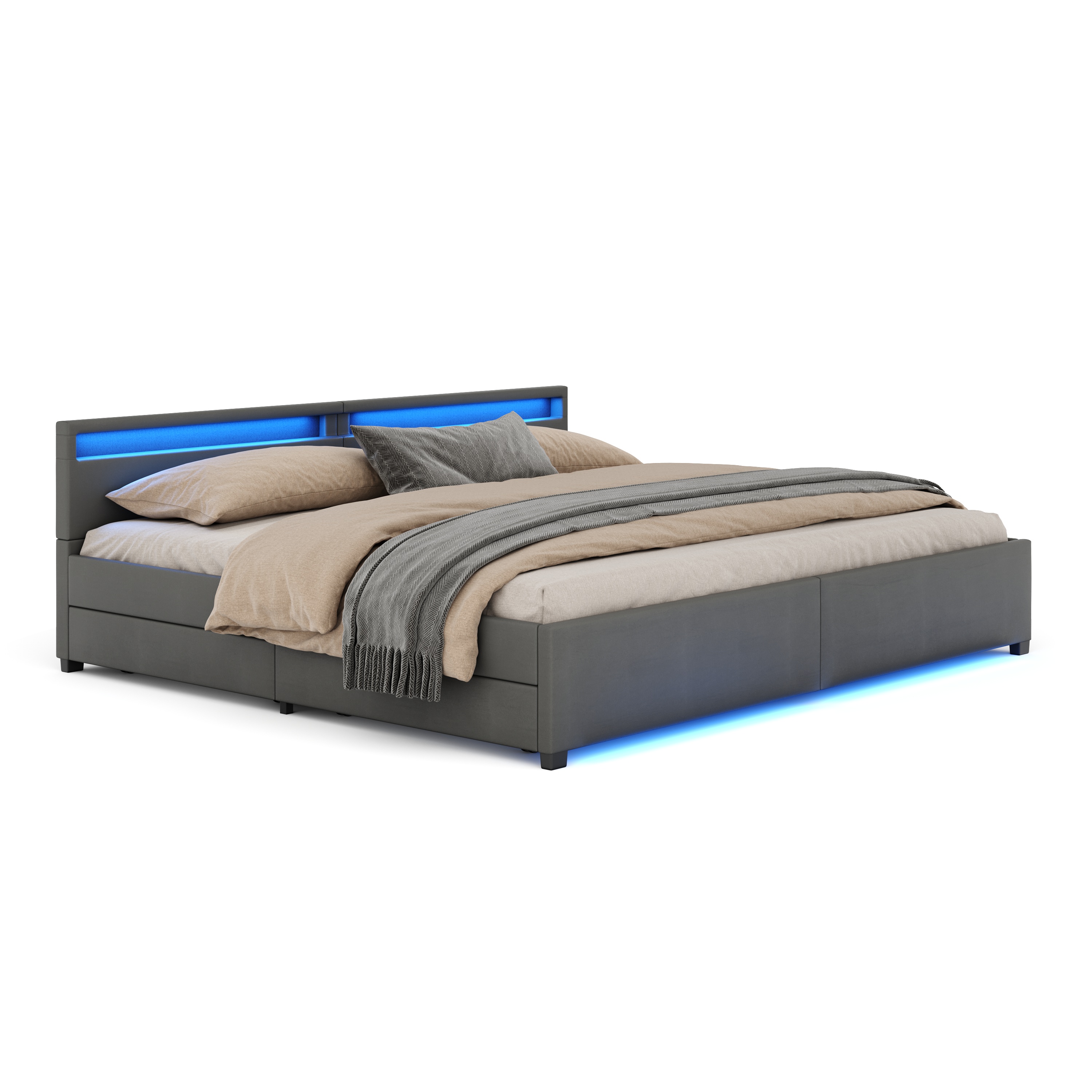 Lederbett LED LUNARA 240 x 200 cm anthrazit