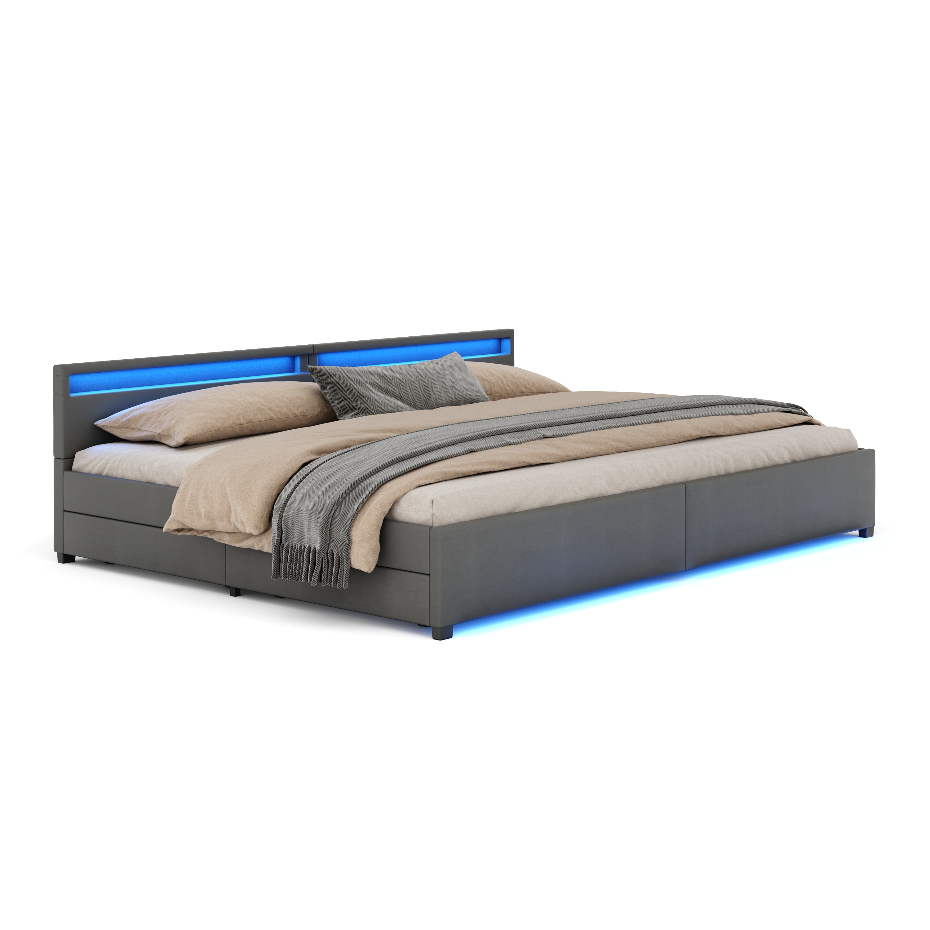 Lederbett LED LUNARA 280 x 200 cm anthrazit