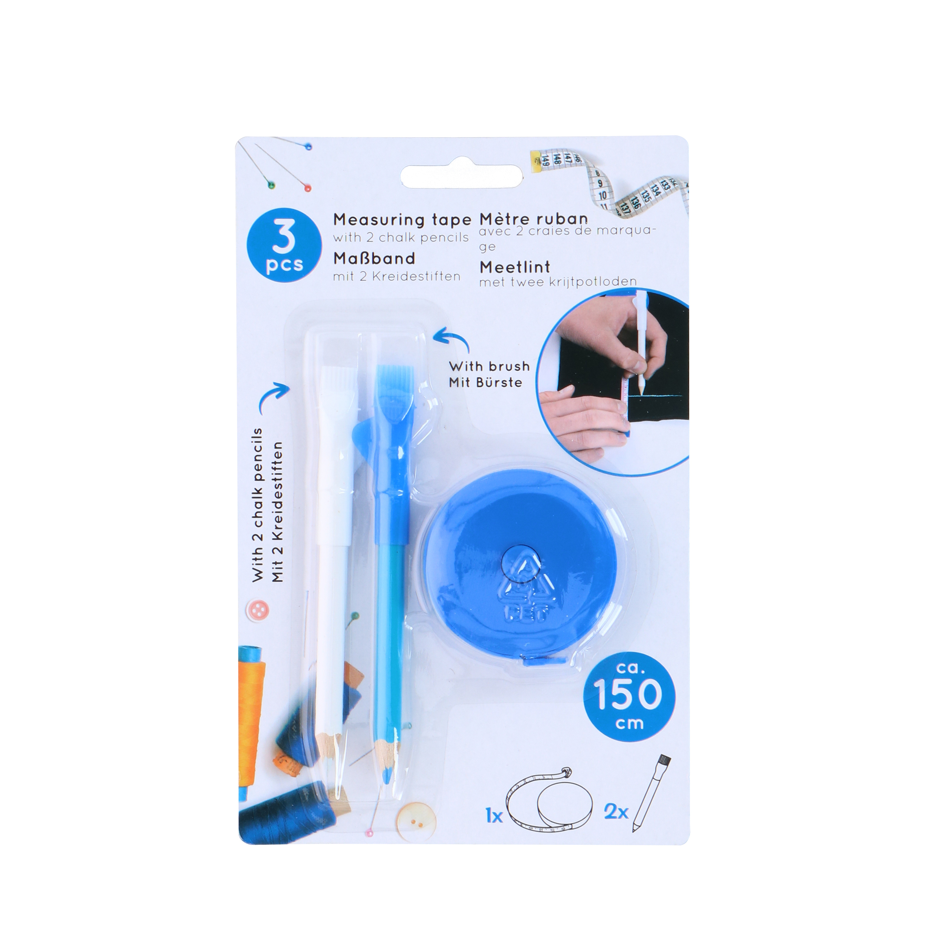 Massband 150 cm mit 2 Kreidestiften blau/weiss