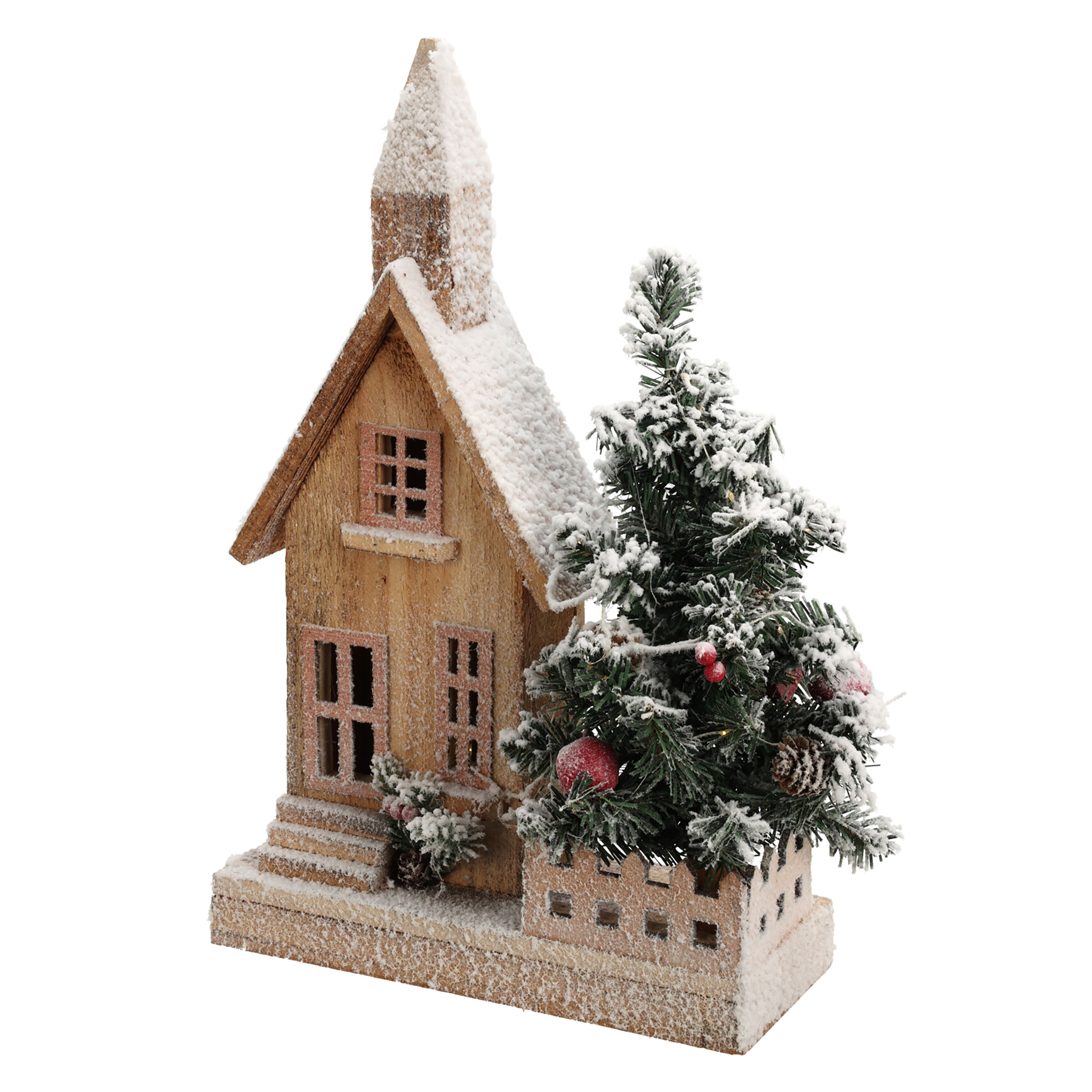 LED Weihnachtsdeko Holz Haus mit Schnee 27 x 44 cm