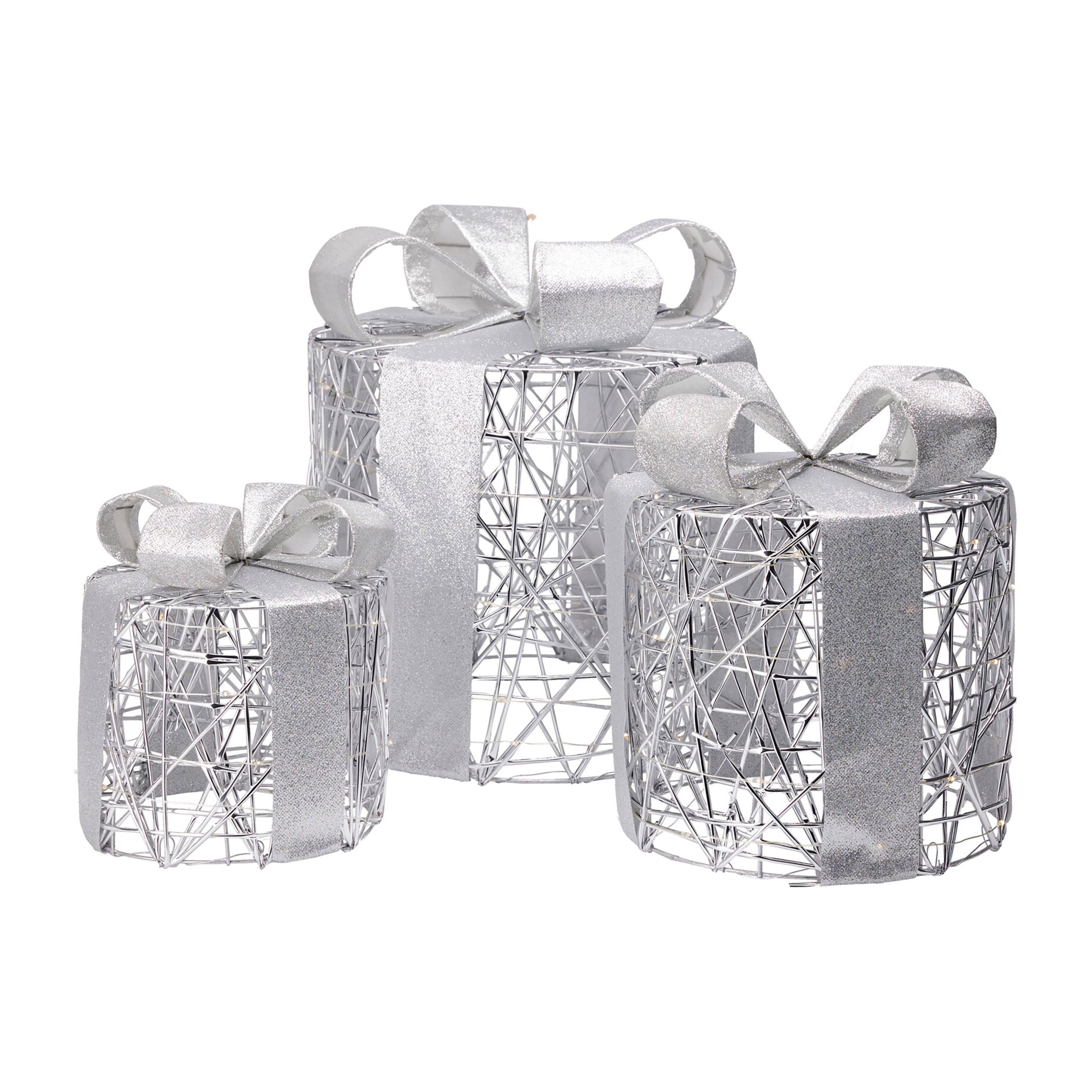 LED Weihnachtsdeko Geschenke Set rund 3-teilig silber