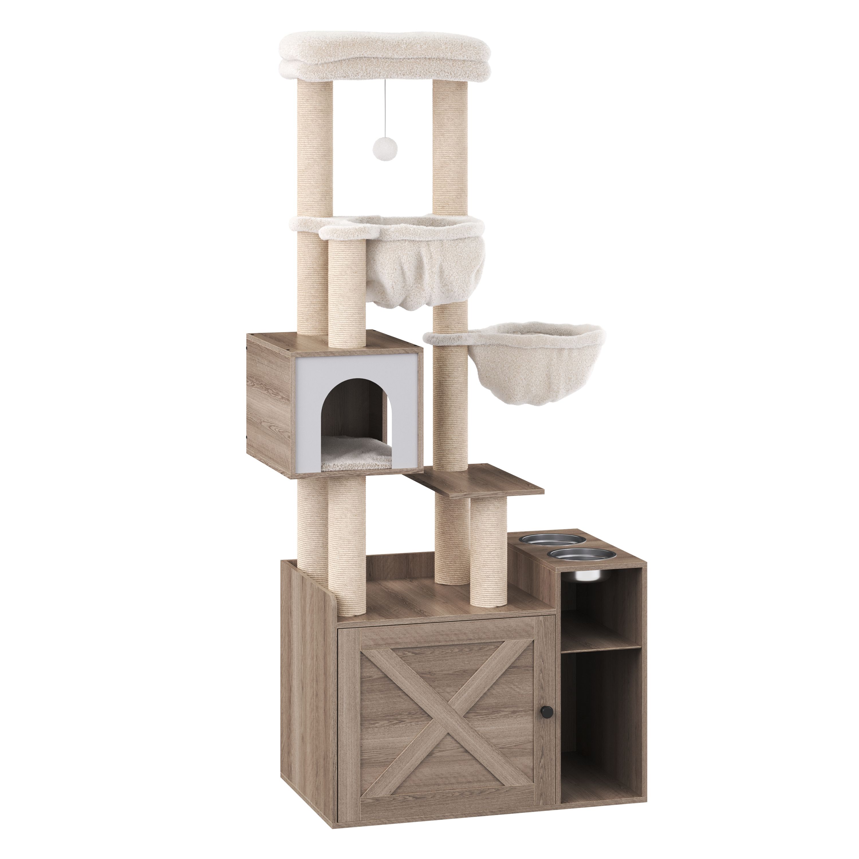 Katzenbaum mit Katzentoilette und Fressstation 155 cm braun