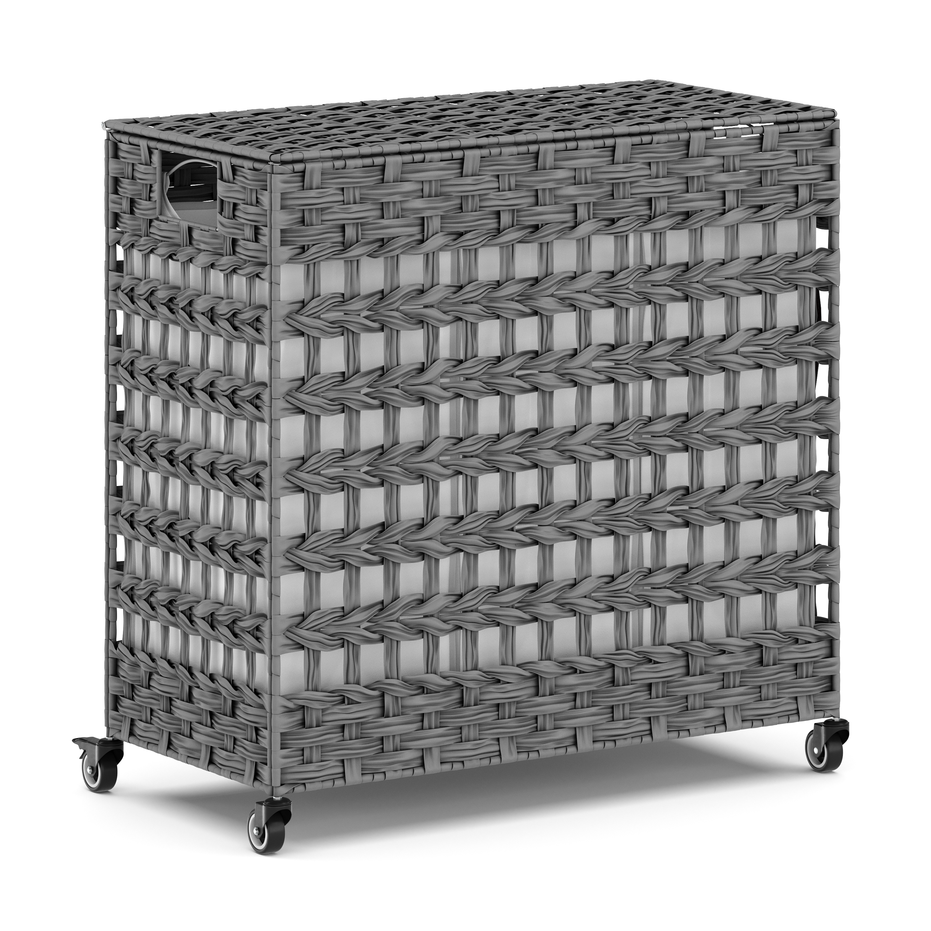 Image of Wäschekorb Rattan mit Deckel 3 Fächer 140L grau