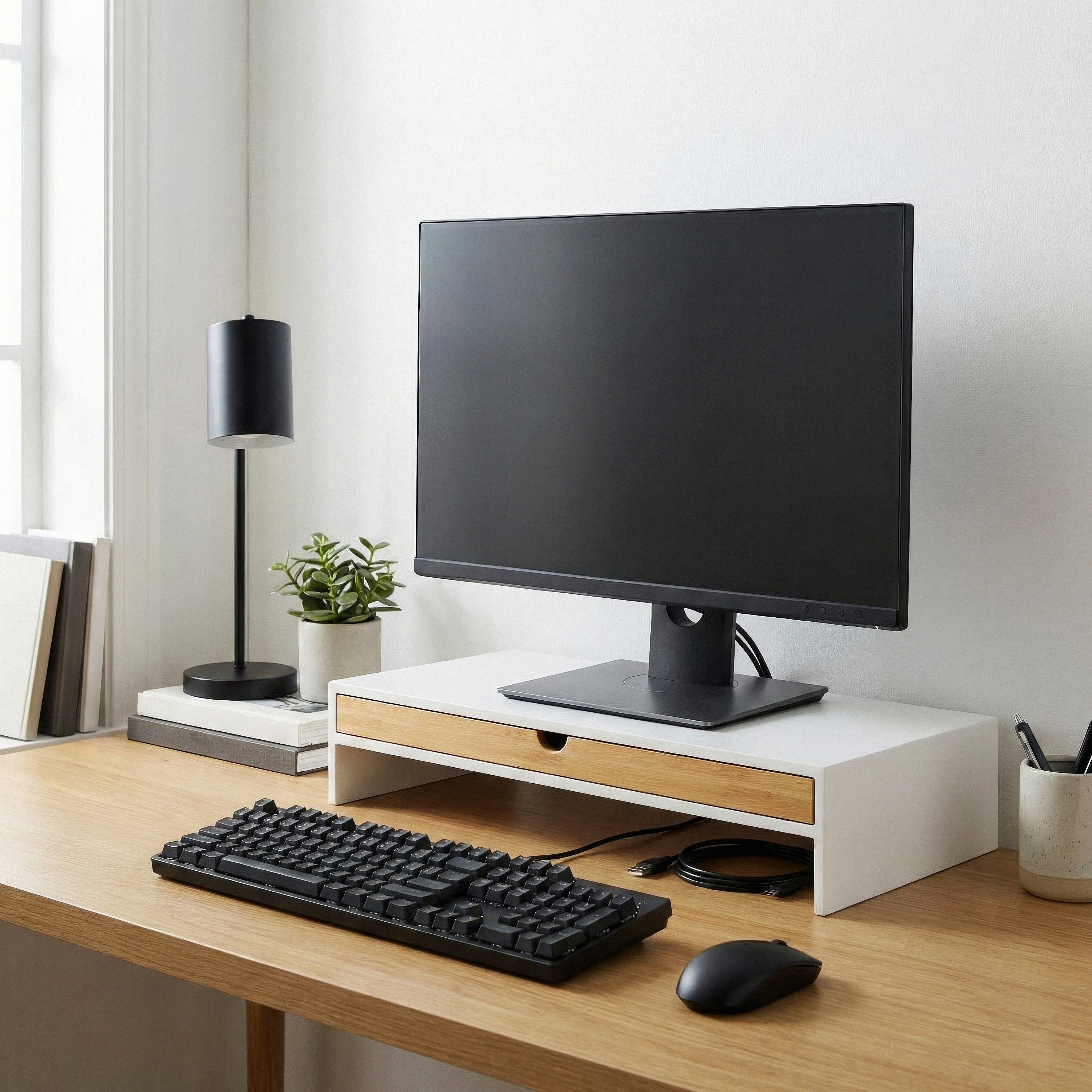 Monitorstnder Bambus ALVORA 47 x 26 x 10 cm weiss/natur | GONSER.CH