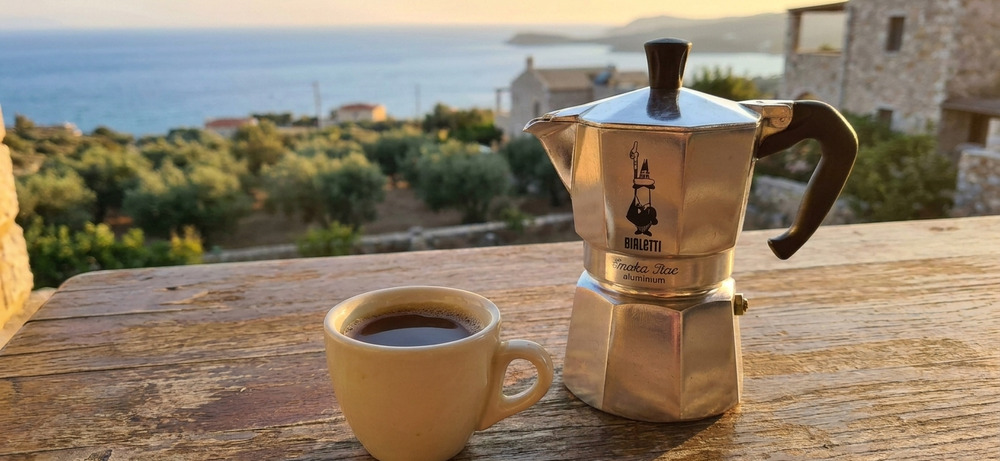 Moka mit Meerblick Bialetti Espressokocher und eine Tasse Moka-Kaffee mit Blick auf das Mittelmeer im warmen Abendlicht