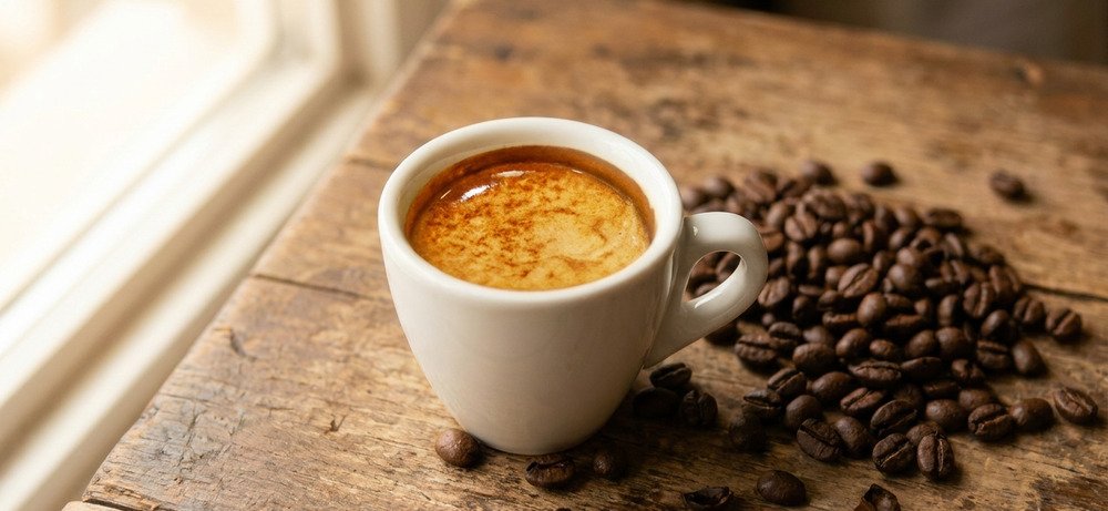 Was die Crema über den Espresso verrät Weiße Espressotasse mit goldbrauner Crema auf einem Holztisch, daneben geröstete Kaffeebohnen