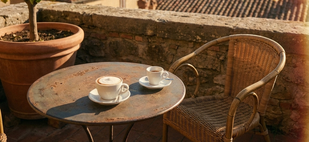 Espresso wie im Café – italienische Terrasse mit Ausblick Cappuccino und Espresso auf einem Bistrotisch auf einer sonnigen Terrasse über einer italienischen Altstadt