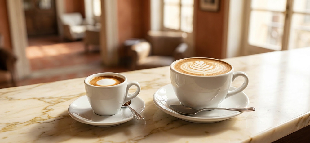 Caffè Macchiato und Cappuccino: Italienische Kaffeespezialitäten im Vergleich Caffè Macchiato in kleiner Tasse mit Milchschaumkrönchen und Cappuccino daneben