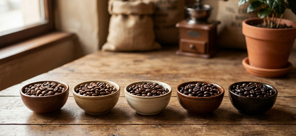 Espressobohnen im Vergleich Mehrere Schalen mit gerösteten Espressobohnen von mittel bis dunkel nebeneinander zum Vergleich