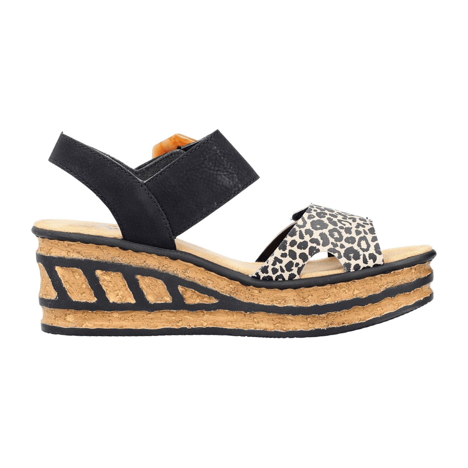Rieker クラシック ハンドバッグ H1305 Rieker Women's Black Comfort Wedge Sandals with hook and