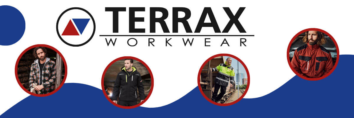Schriftzug-Logo Terrax Workwear, darunter 4 runde Bilder mit Männern in Arbeitskleidung