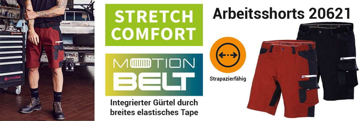 Beinberich eines Mannes mit einer Arbeitsshorts von Terrax Workwear mit den Symbolen Stretch Comfort, Motion Belt - Integrierter Gürtel durch breites elastisches Tape und Strapazierfähig, dazu zwei einzelne Arbeitshosen mit dem Schriftzug Arbeitsshorts 20621