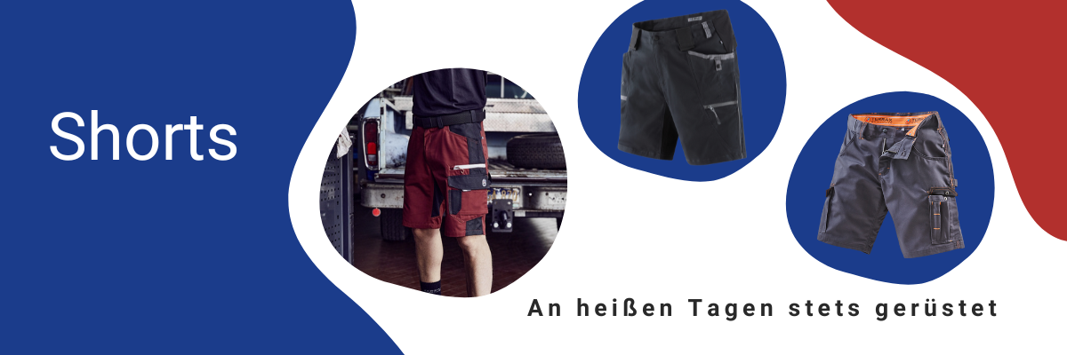 Schriftzug Shorts mit drei runden Bilder die Arbeitsshorts von Terrax Workwear zeigen
