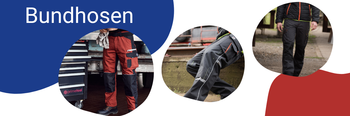 Schriftzug Bundhosen mit drei runden Bilder die Arbeitshosen von Terrax Workwear zeigen
