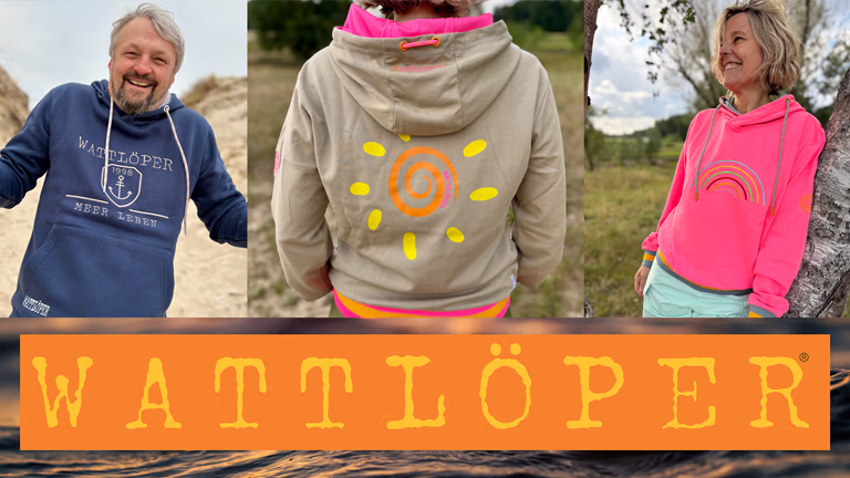 Kategoriebild mit Schriftzug Wattlöper, oberhalb drei Personen mit verschiedenen Hoodies und Pullovern.