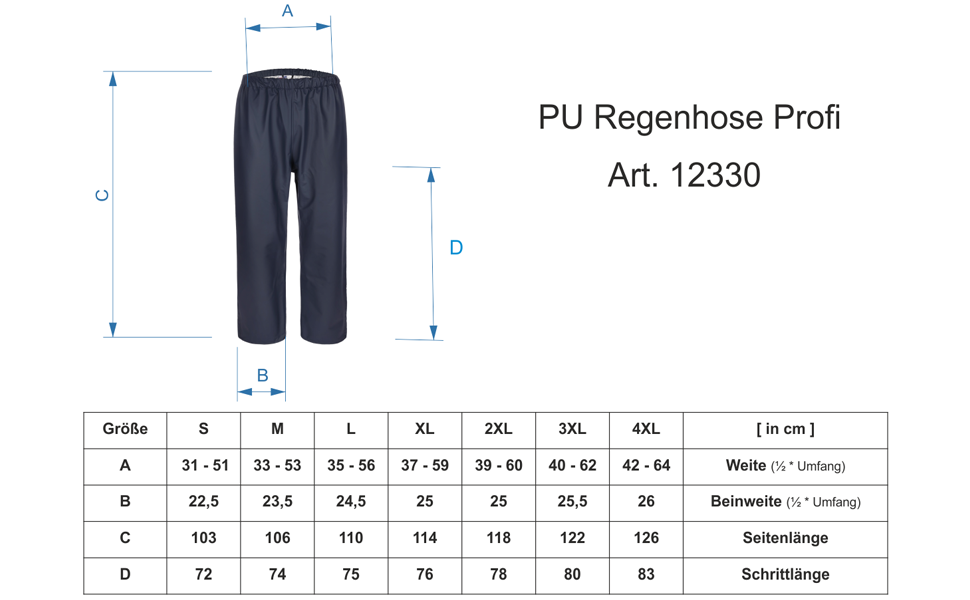 Grössentabelle Regenbundhose Profi 12330