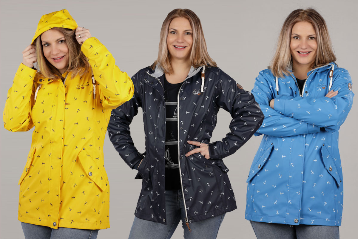     Dry Fashion Damen Regenmantel Cuxhaven - Anker-Print Jacke mit Kapuze - winddicht und wasserdicht