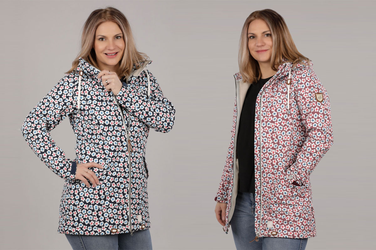     Dry Fashion Damen Softshell-Mantel Stralsund - Blumen-Print Jacke mit Kapuze und Fleece-Innenfutter