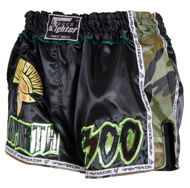 4Fighter Muay Thai Shorts Classic black camouflage brown green with high slits