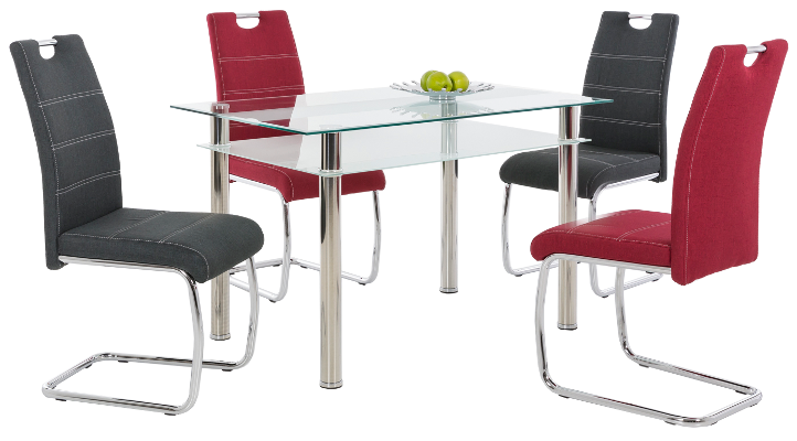 Glas-Esszimmertisch und Stühle in Anthrazit und Rot