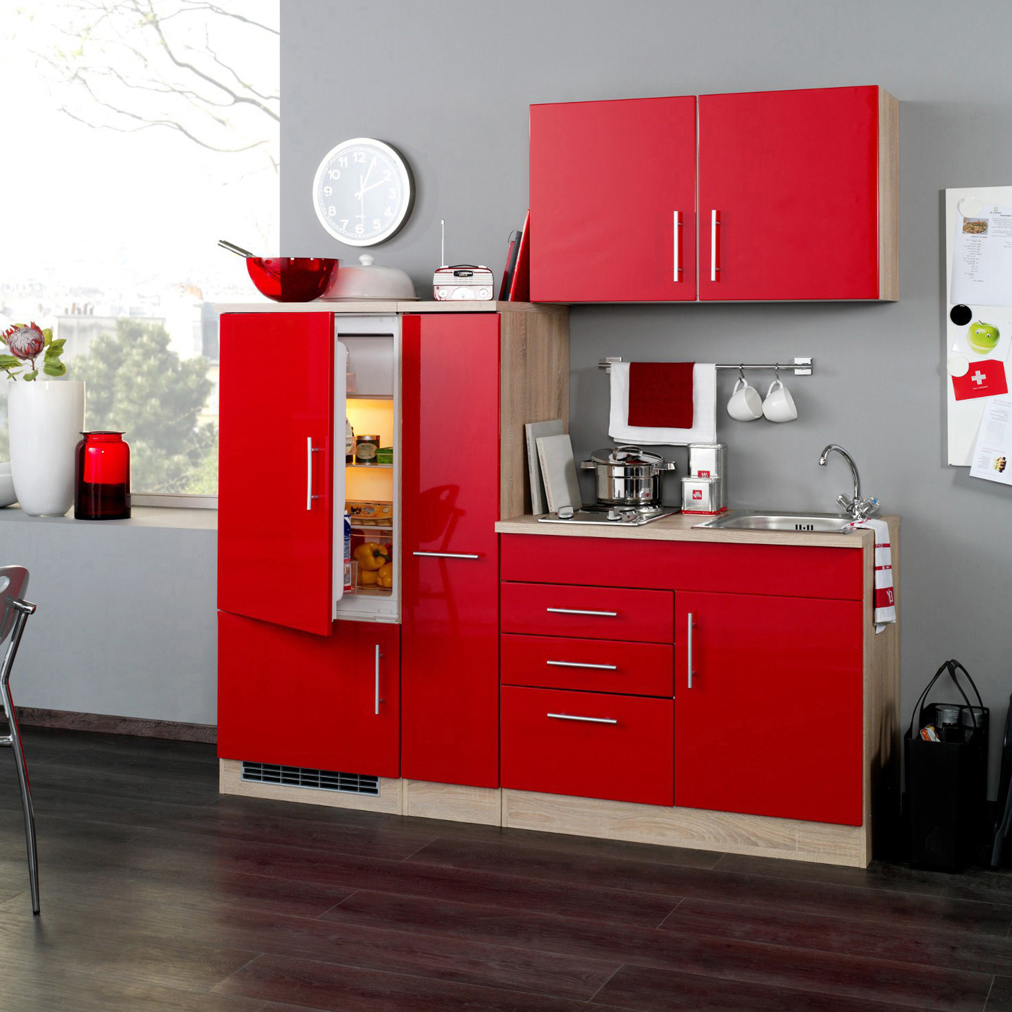 Singleküche BERLIN - mit Kühlschrank - Breite 190 cm - Hochglanz Rot /  Eiche Sonoma
