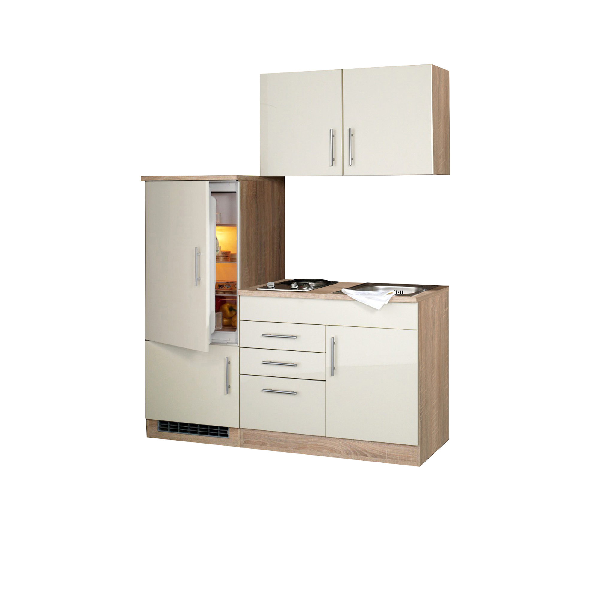Singleküche BERLIN - mit Kühlschrank - Breite 160 cm - Hochglanz Creme /  Eiche Sonoma