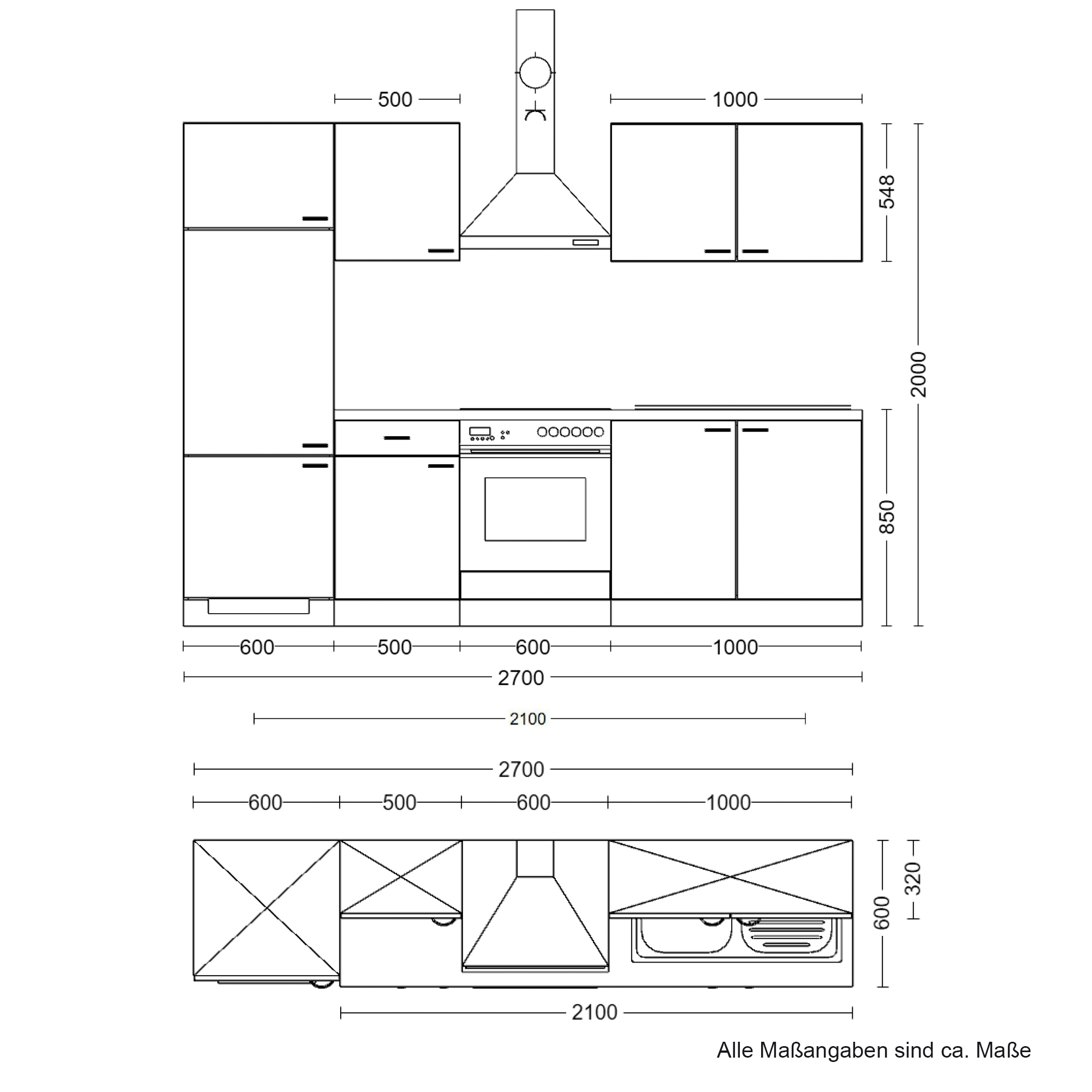 Küchenzeile UNNA - Küche mit E-Geräten - 12-teilig - Breite 270 cm - Weiß