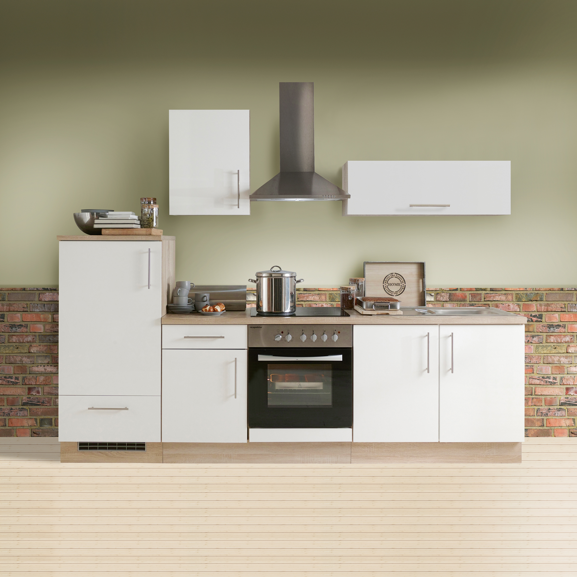 Küche - cm STOCKHOLM - mit 270 Weiß E-Geräten Breite Hochglanz - Küchenzeile