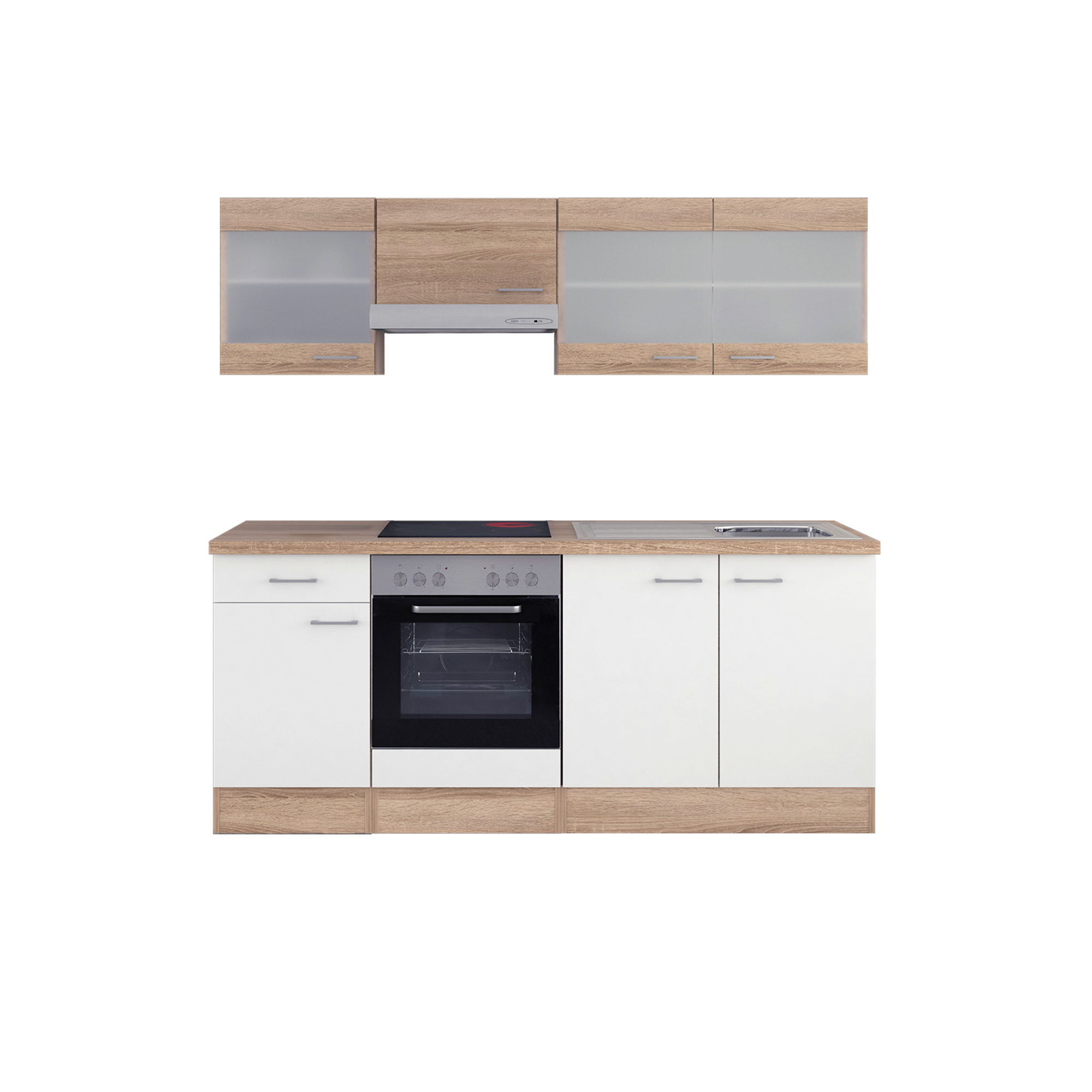 Küchenzeile ROM - mit E-Geräten und Glashängeschränken - 210 cm breit - Weiß