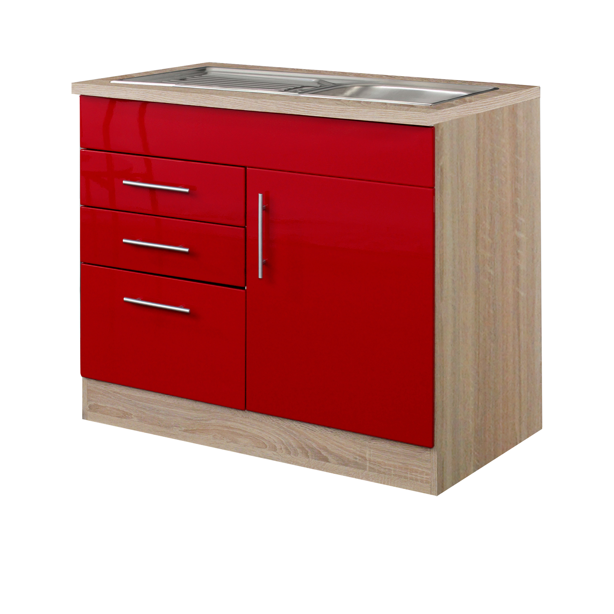 Küchen-Spülenschrank BERLIN - 1-türig, 1 Auszug, 2 Schubladen - Breite 100  cm, Tiefe 60 cm - Hochglanz Rot / Eiche Sonoma