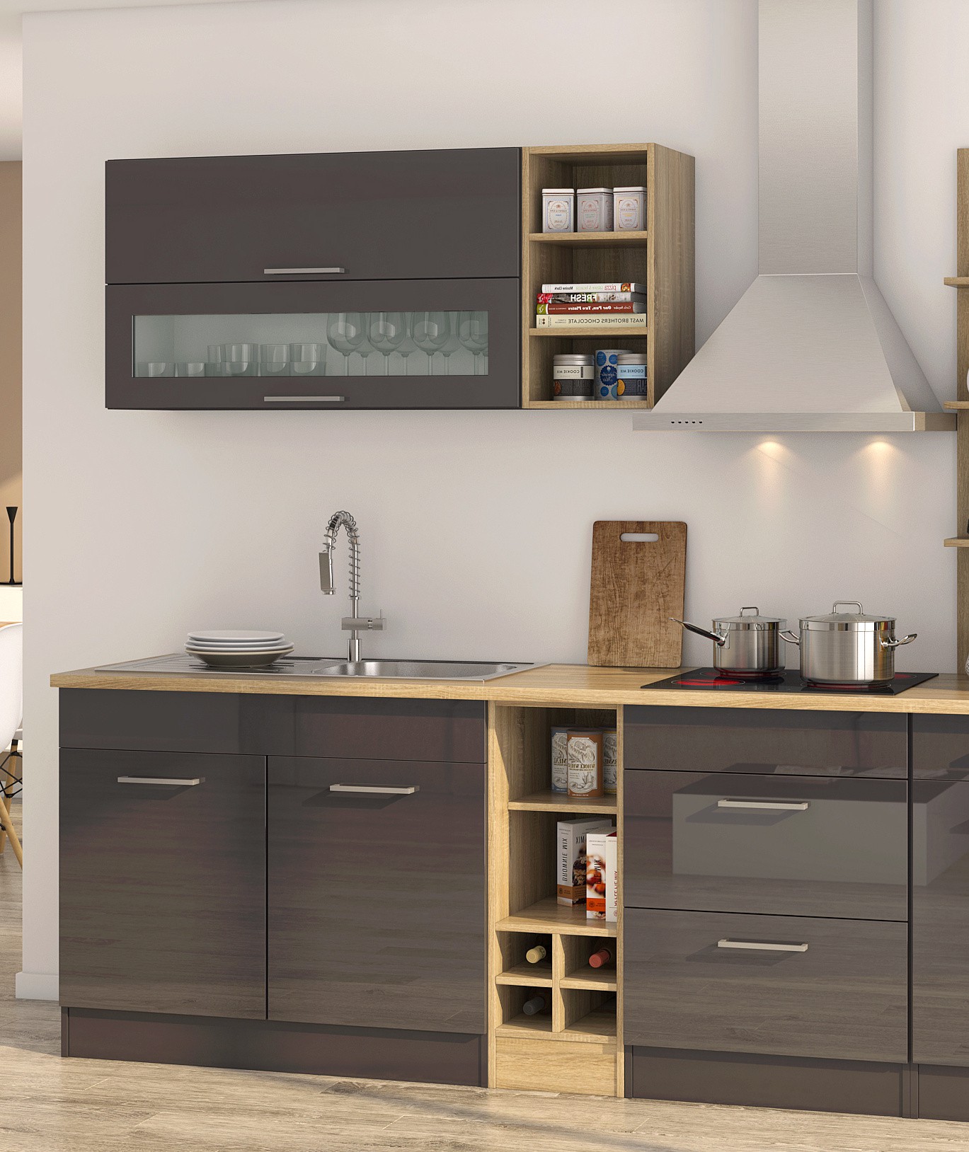 Küchenzeile MÜNCHEN, mit E-Geräten - 300 cm breit - Grau - Vario 3