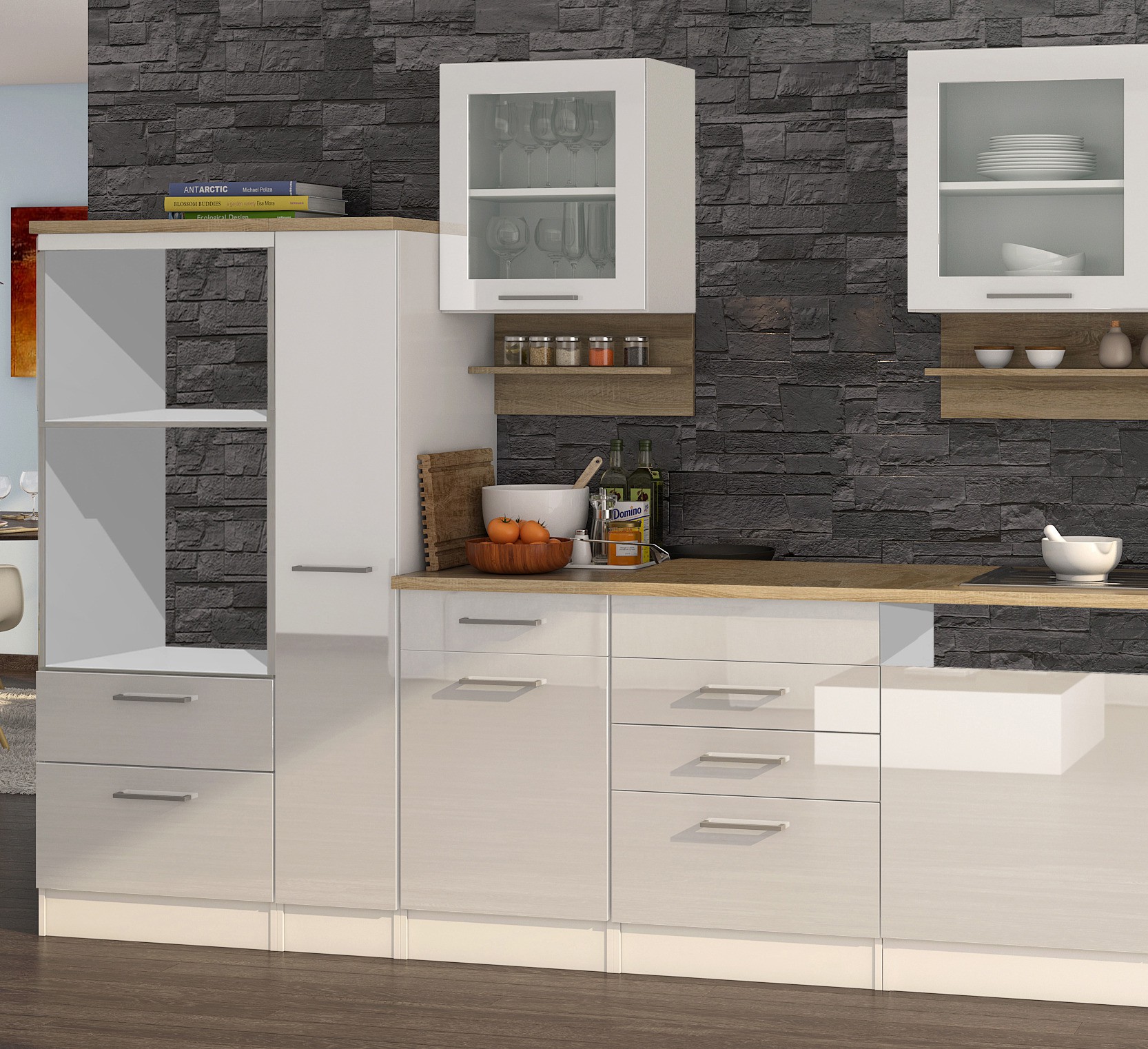 Küchenzeile MÜNCHEN, ohne E-Geräte - 370 4 - cm breit Weiß - Vario