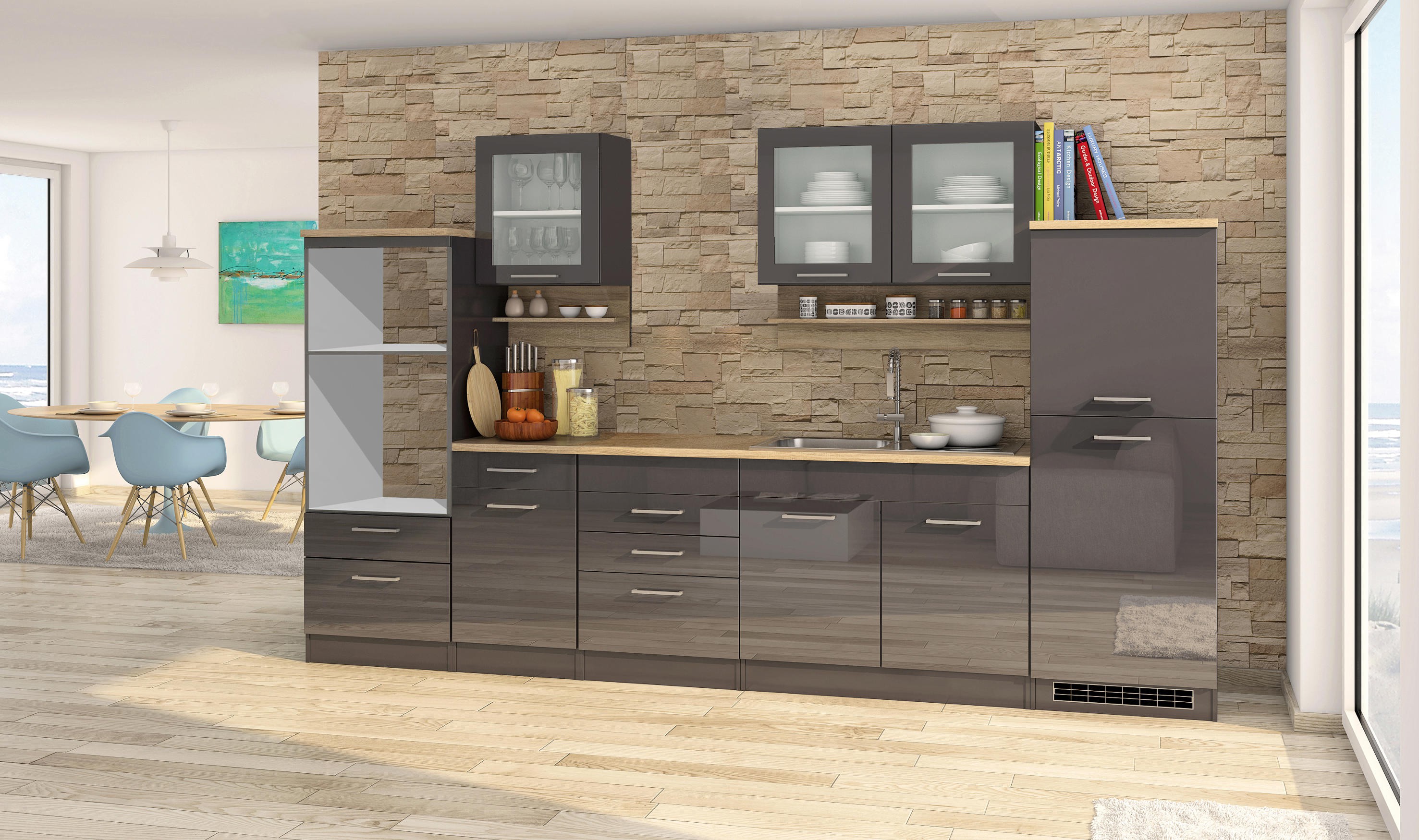 Küchenzeile MÜNCHEN, ohne E-Geräte - 330 cm breit - Grau - Vario 4 | Regale