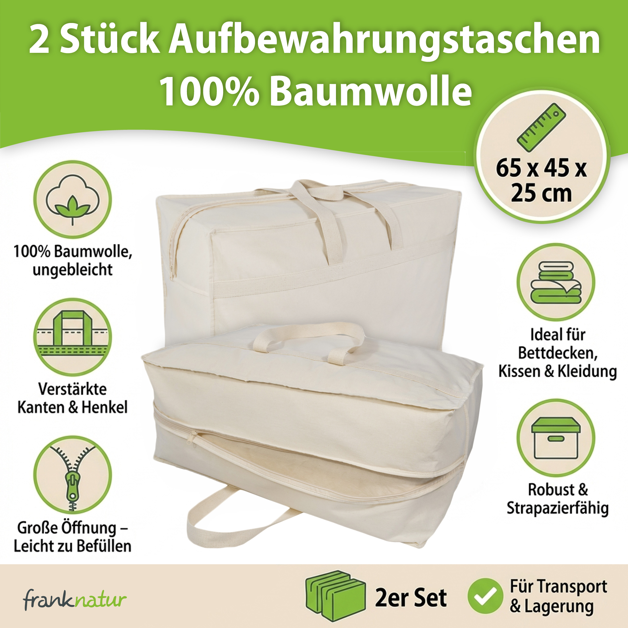 2 Stck Aufbewahrungstasche Baumwolle Tragetasche fr Bettdecken Kissen  Kleidung