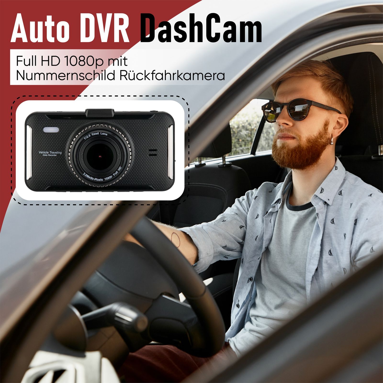 CARMATRIX Auto DashCam Full HD 1080p mit Rückfahrkamera im Nummernschild  G-Sensor WDR ADAS LDWS Parküberwachung