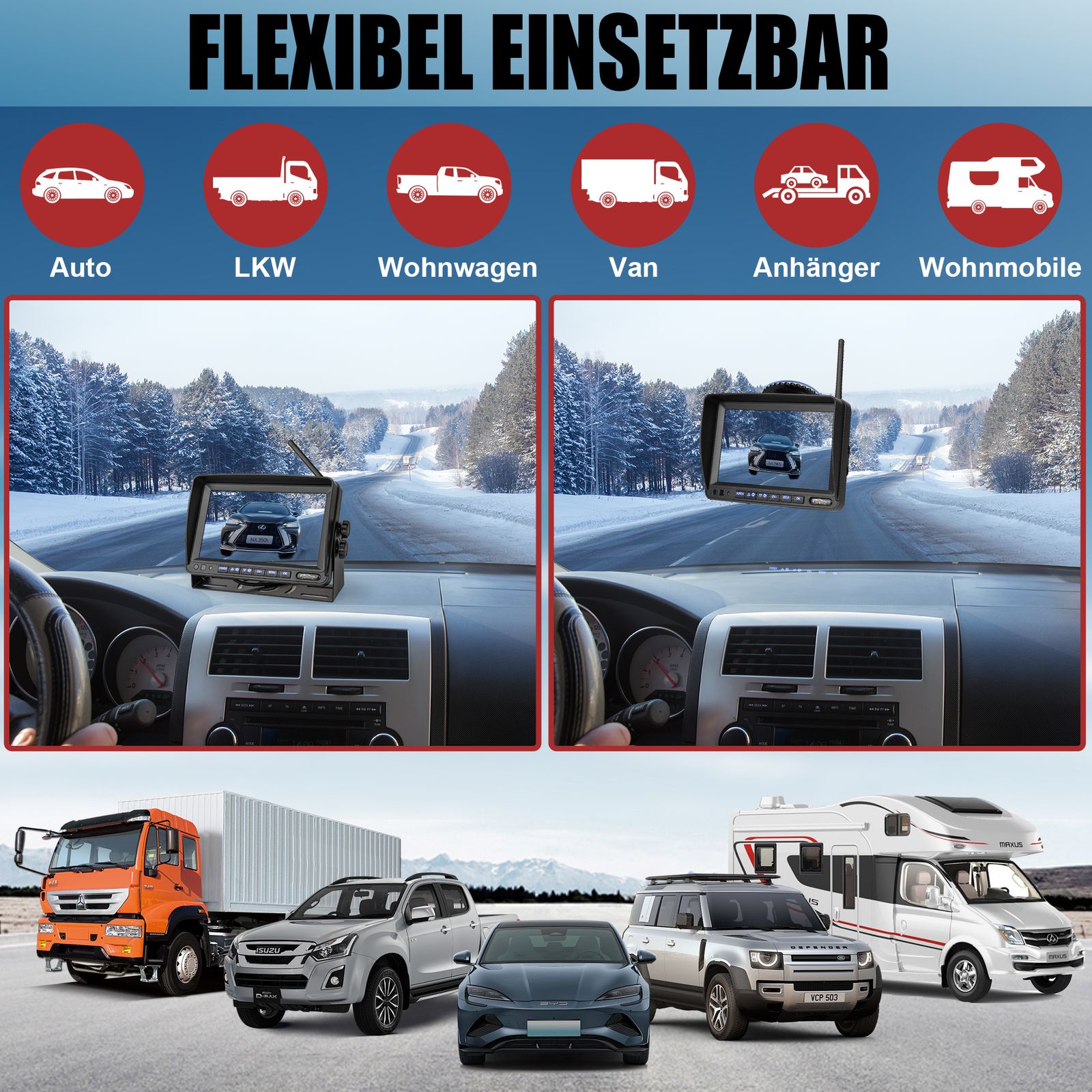 Kabellose Solar Rückfahrkamera Mit 7 Zoll Monitor - 1080P HD Für Auto & Wohnmobil