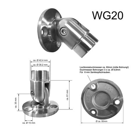 Edelstahl Flansch Wandflansch + Gelenk V2A Geländer Wandanker Rohr Ø42 ...