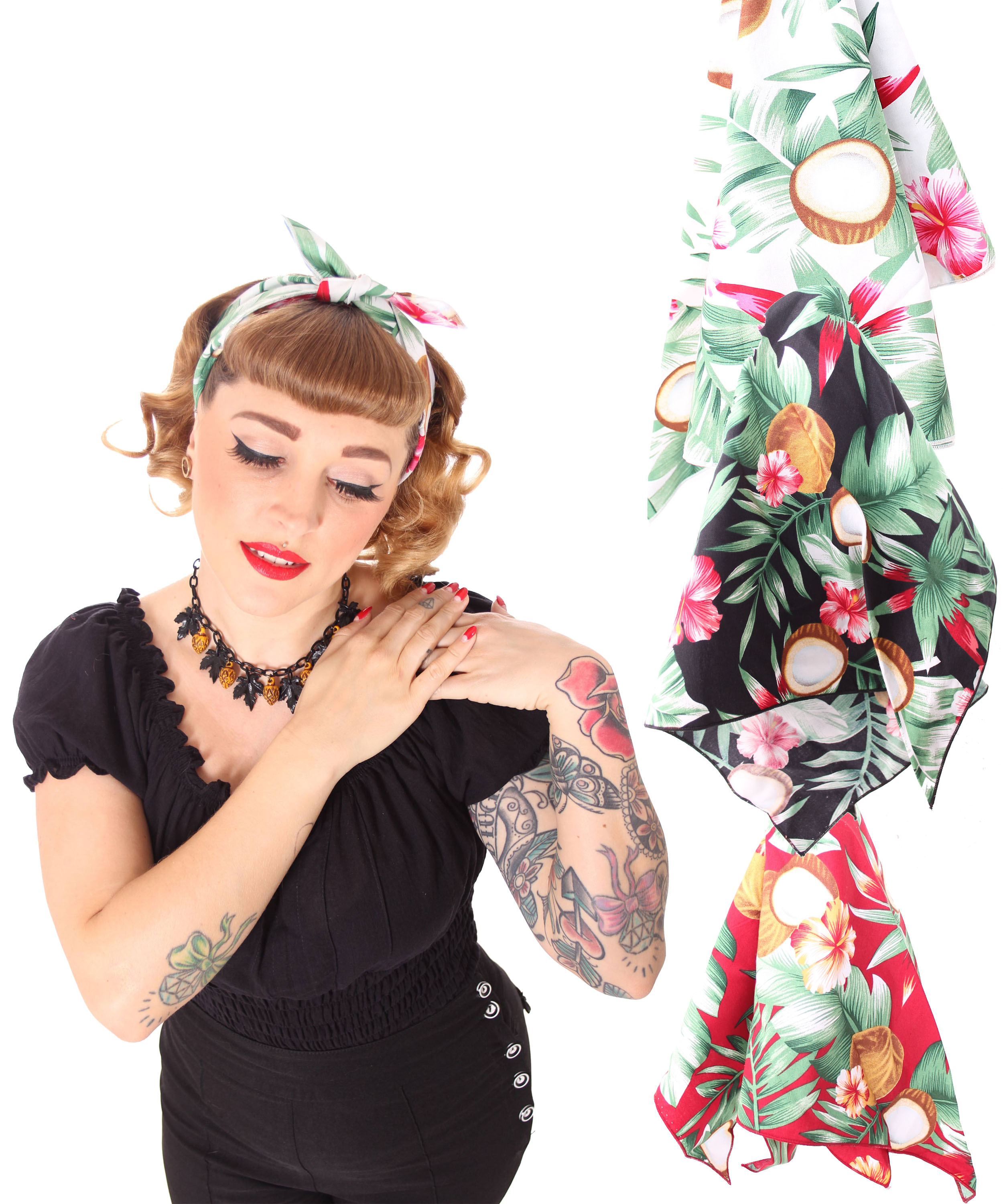 50s Frisuren Coconut Hawaii Flower Retro Nickituch Hairband Haar Tuch Bandana V Sugarshock Suicide Glam