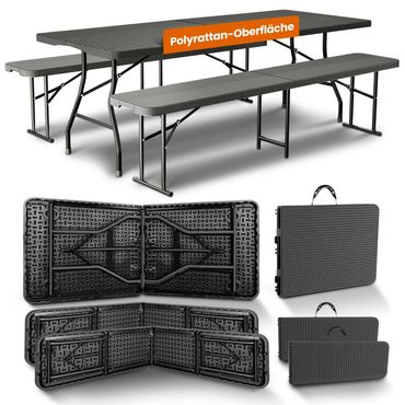 NewHabitat Bierzeltgarnitur Polyrattan Klappbare Bierzeltgarnitur mit Polyrattan-Oberfläche – 3-teiliges Set bestehend aus Tisch und zwei Bänken, tragbar mit Griff, platzsparend zusammenklappbar