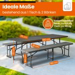 Maße einer 3-teiligen Bierzeltgarnitur aus Polyrattan: Tisch 180×75×75 cm, Bänke je 180×30×44 cm – extrem belastbar, Tisch bis 120 kg, Bank bis 500 kg