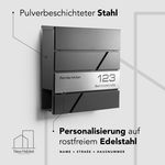 Personalisierter Briefkasten aus pulverbeschichtetem Stahl mit gravierter Edelstahlfront – individuelle Gravur von Name, Straße und Hausnummer möglich