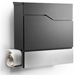Hauptbild2.jpg Moderner Briefkasten in Anthrazit mit Zeitungsfach und Edelstahlklappe – minimalistisches Design mit geometrischer Linienführung, wandmontiert