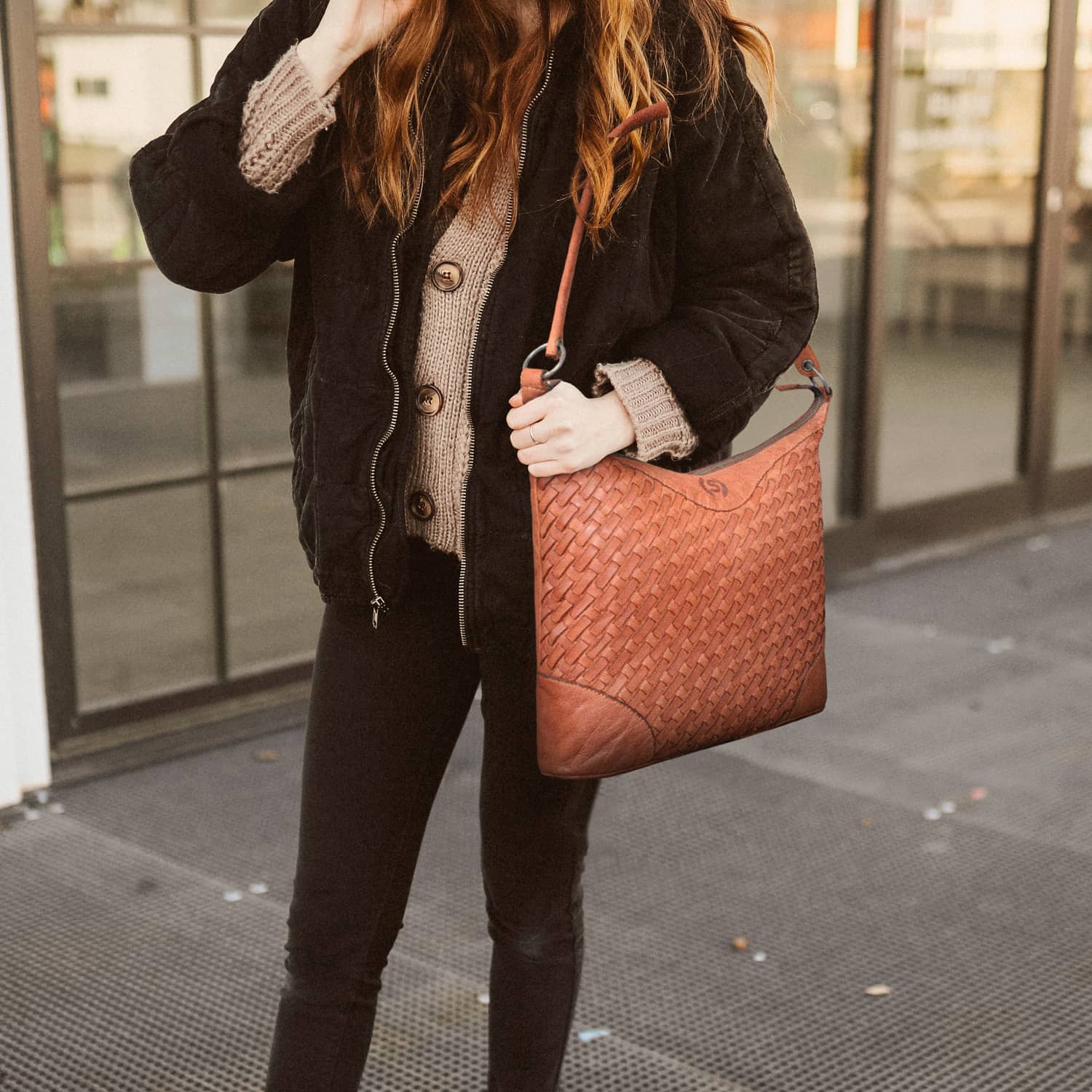 Ledertasche geflochten cognac