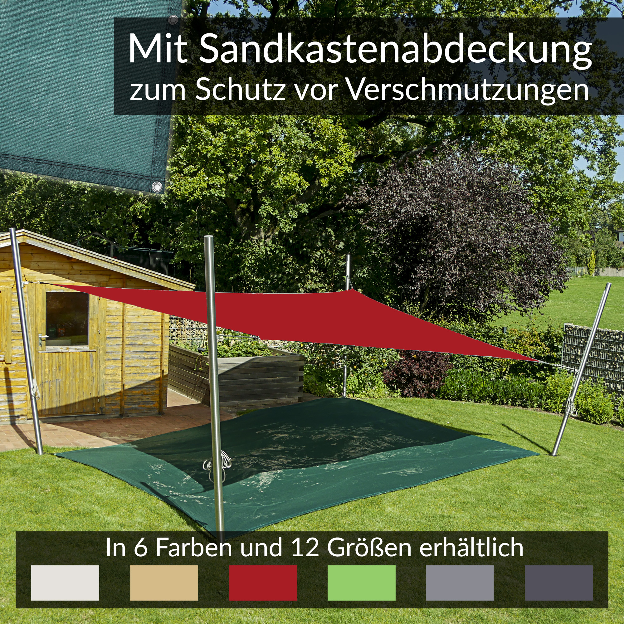 KITA Sonnensegel Komplettset rechteckig freistehend mit Edelstahlmasten & Sandkastenabdeckung