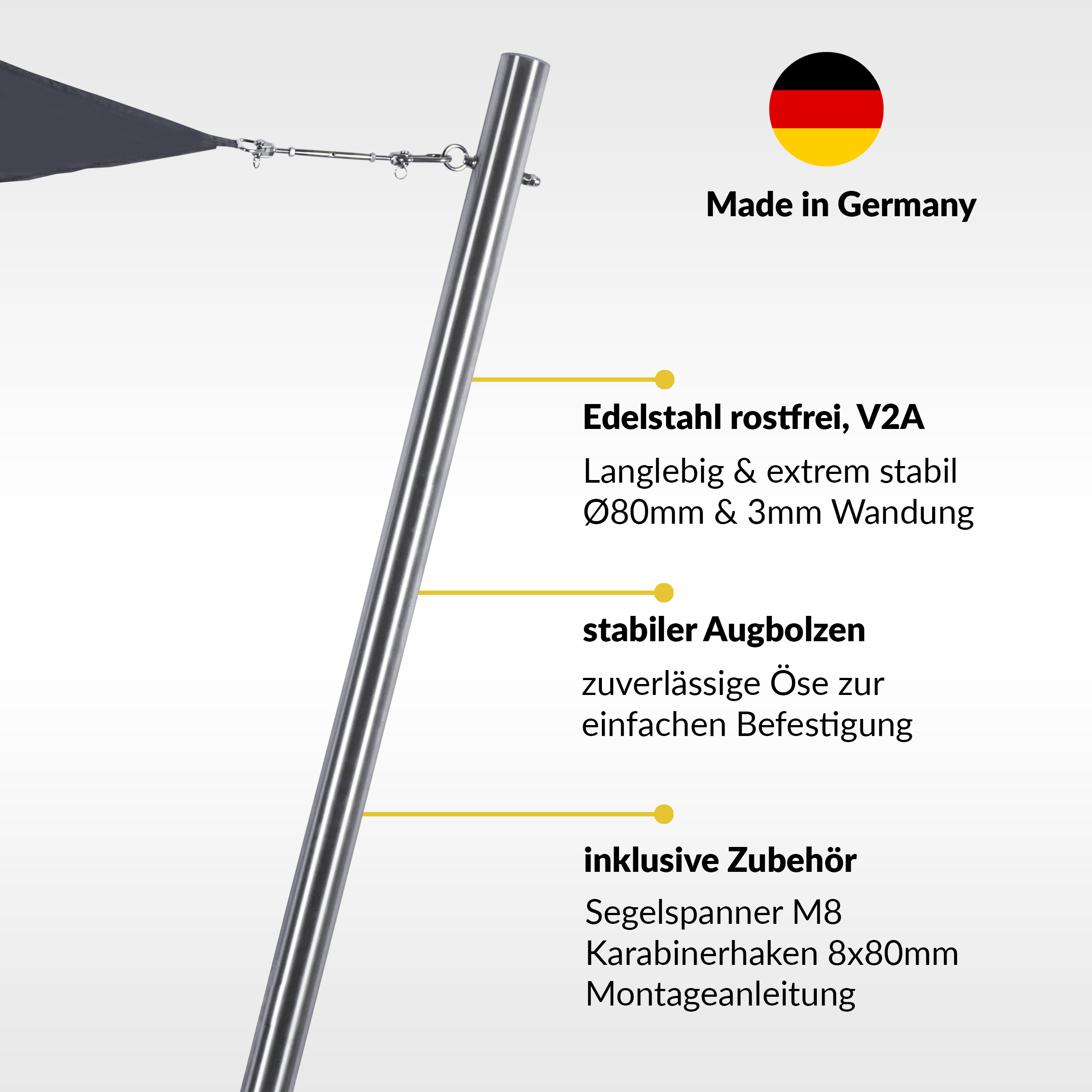 Edelstahl Sonnensegelpfosten mit fester se 80x3mm | SCHATTENFIX