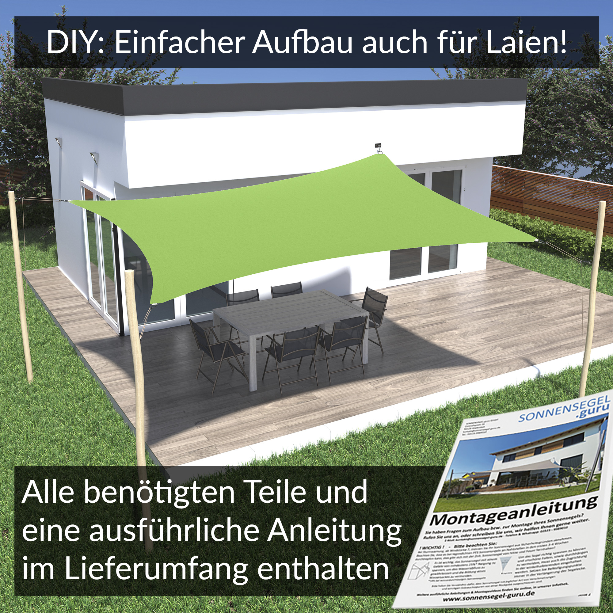 Sonnensegel Komplettset Rechteck 1 Wand / 3 Robinienpfosten