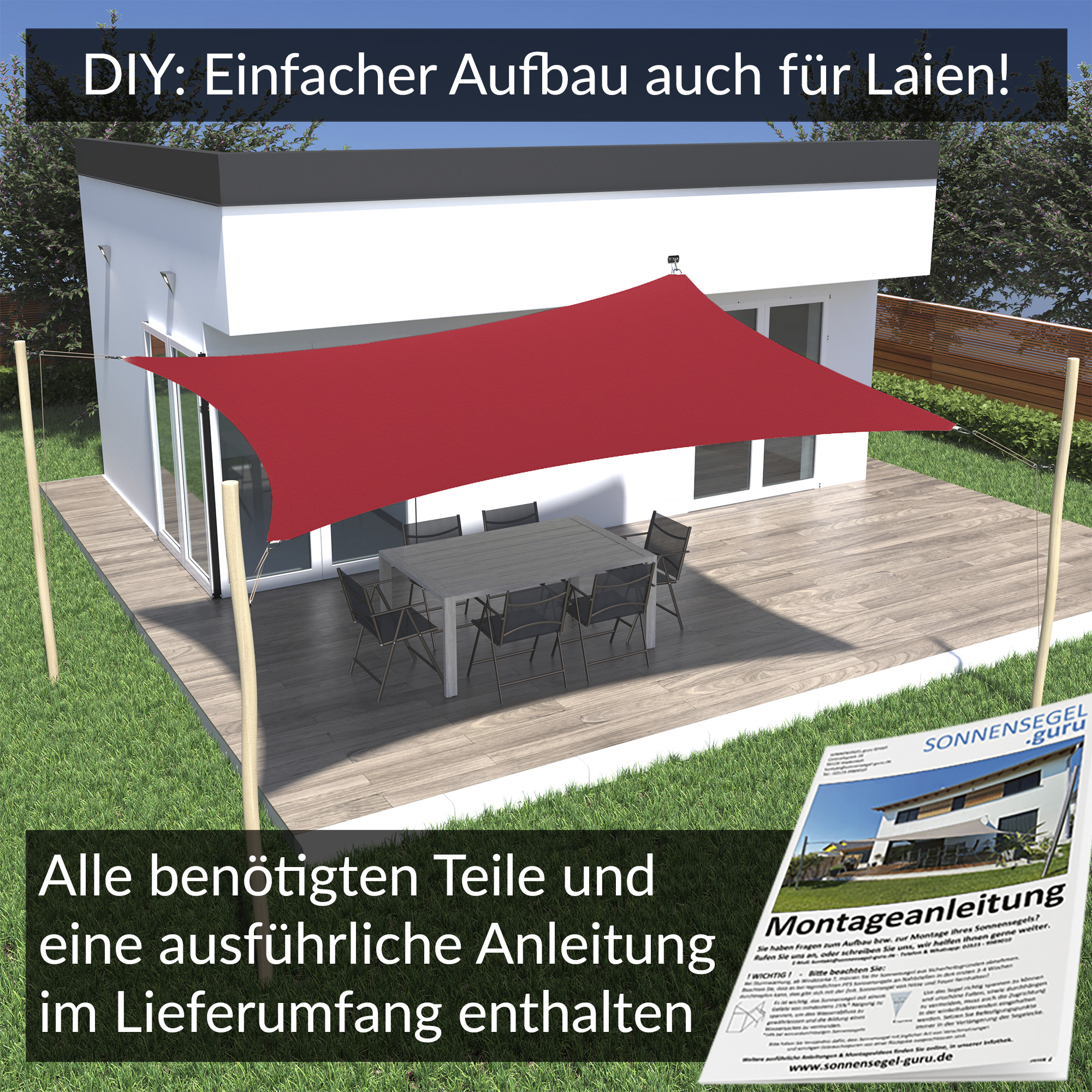 EIDEMED Sonnensegel Wasserdicht – Rechteck 1,8x2,4 M, UV-Schutz 98%, Inkl. Seile (Weinrot)