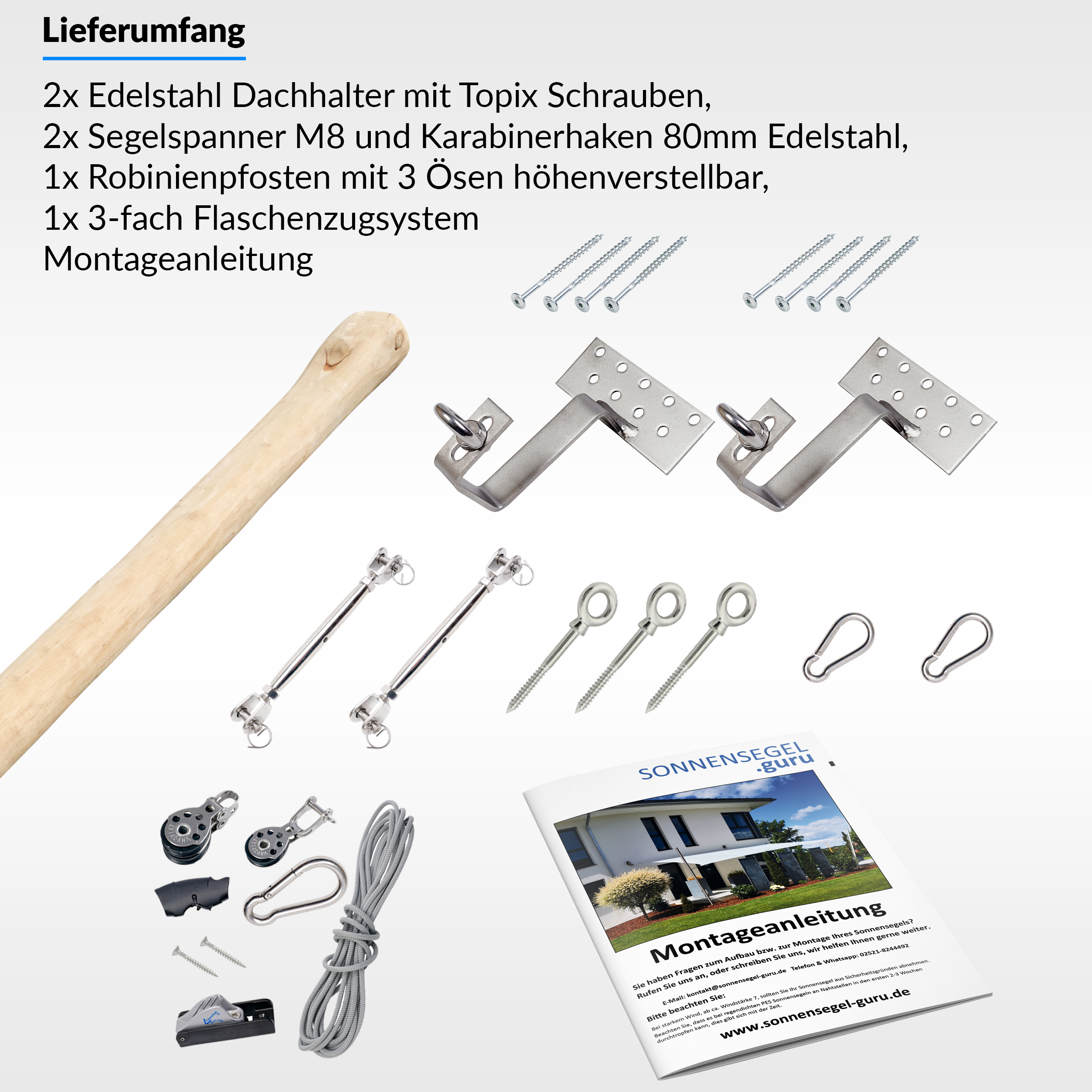 Befestigungsset für dreieckige Sonnensegel mit Robinienpfosten