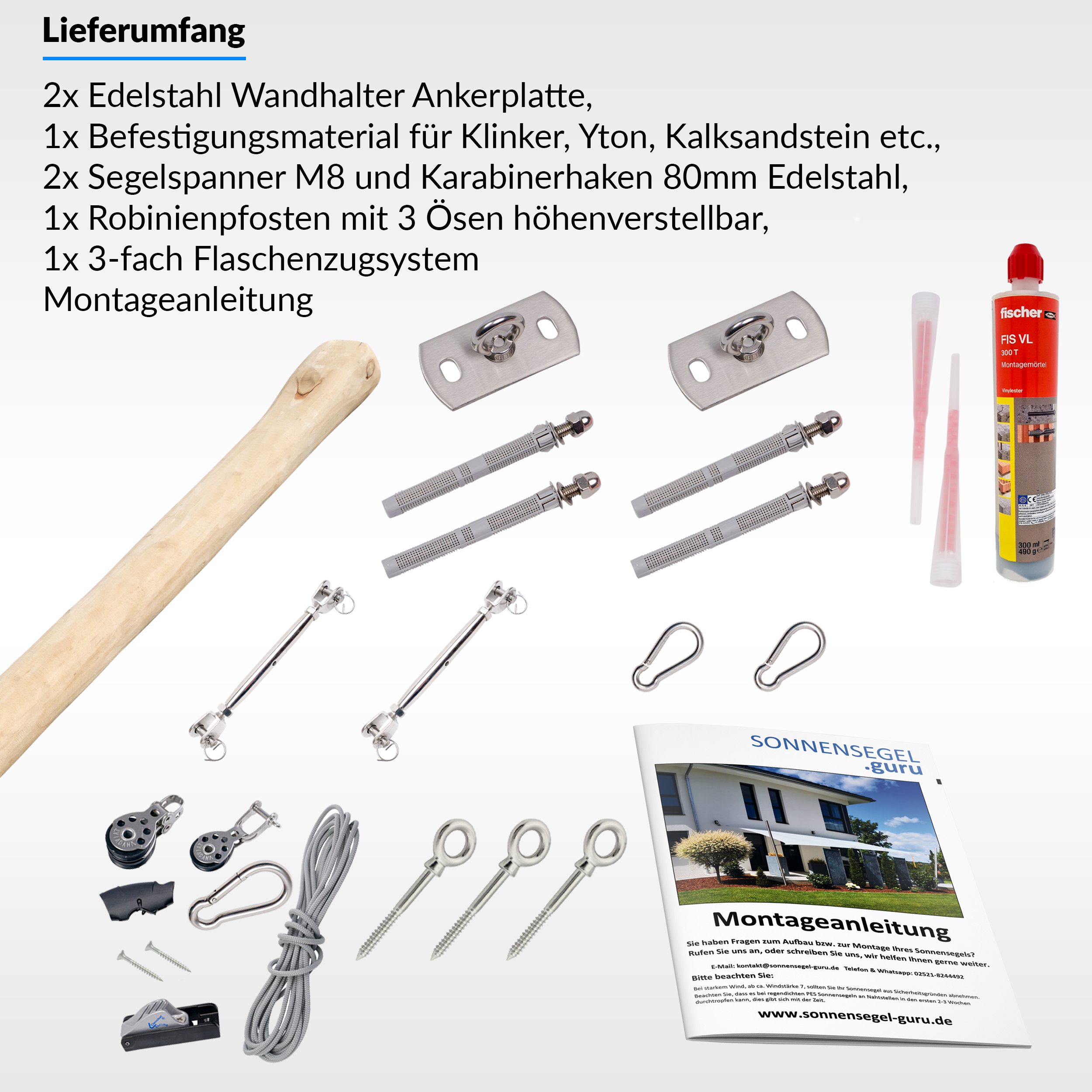 Befestigungsset für dreieckige Sonnensegel mit Robinienpfosten