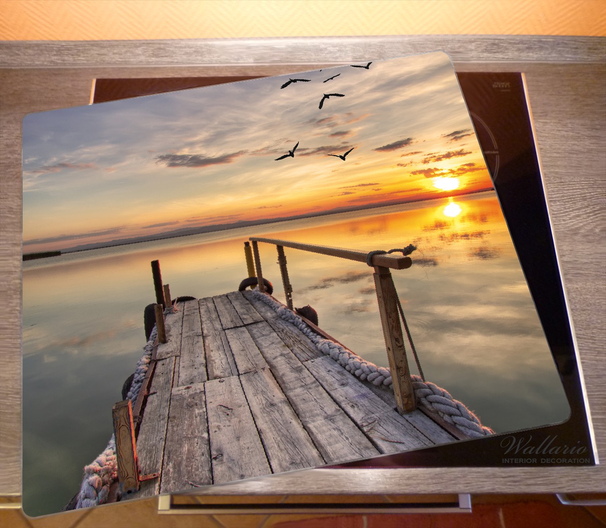 Herdabdeckplatte Sonnenuntergang über dem See  idyllischer Steg 60 x 52 cm (BxH), 1-teilig